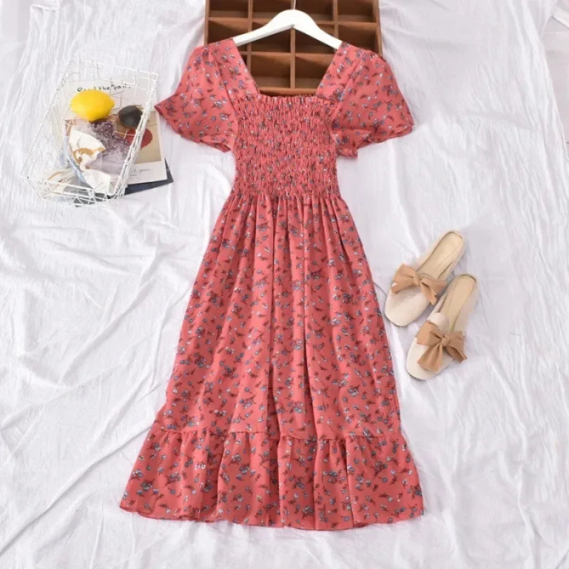 2024 Summer Vintage Korean Style Square Collar Printed Waist-fitted Slimming Ruffle Dress Women's Clothing