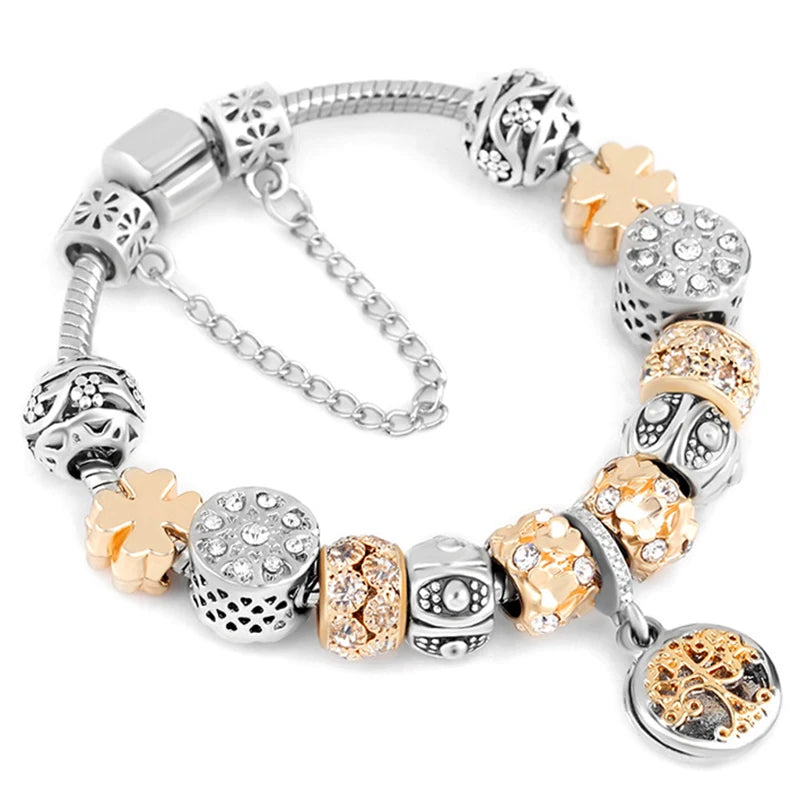 2024 New Crystal Heart Beads Charm Bracelets Gold Color Snake Chain Brand Bracelets for Women Lover Valentine's Day Jewelry Gift