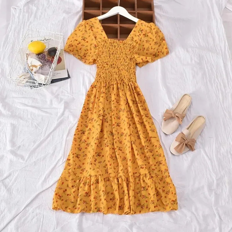 2024 Summer Vintage Korean Style Square Collar Printed Waist-fitted Slimming Ruffle Dress Women's Clothing