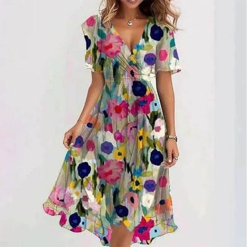 Elegant And Fashionable Printed Knee Length Dress For Women 2026 New Loose Casual V-neck Floral New Printed Dress Femme Robe