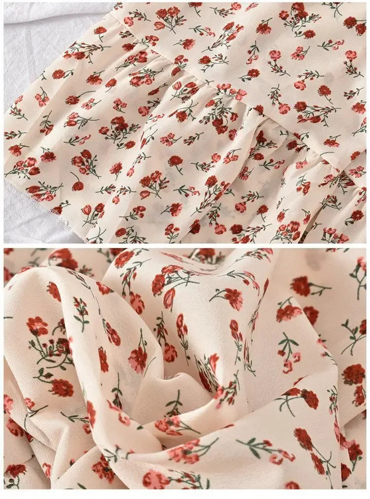 2024 Summer Vintage Korean Style Square Collar Printed Waist-fitted Slimming Ruffle Dress Women's Clothing