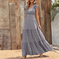 European and American women's summer V-neck high-waisted floral print resort long dress with patchwork floral design