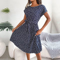 Women Spring Summer Short Sleeve High Waist Chic Dress Fashion Floral Pleated A Line Long Dress