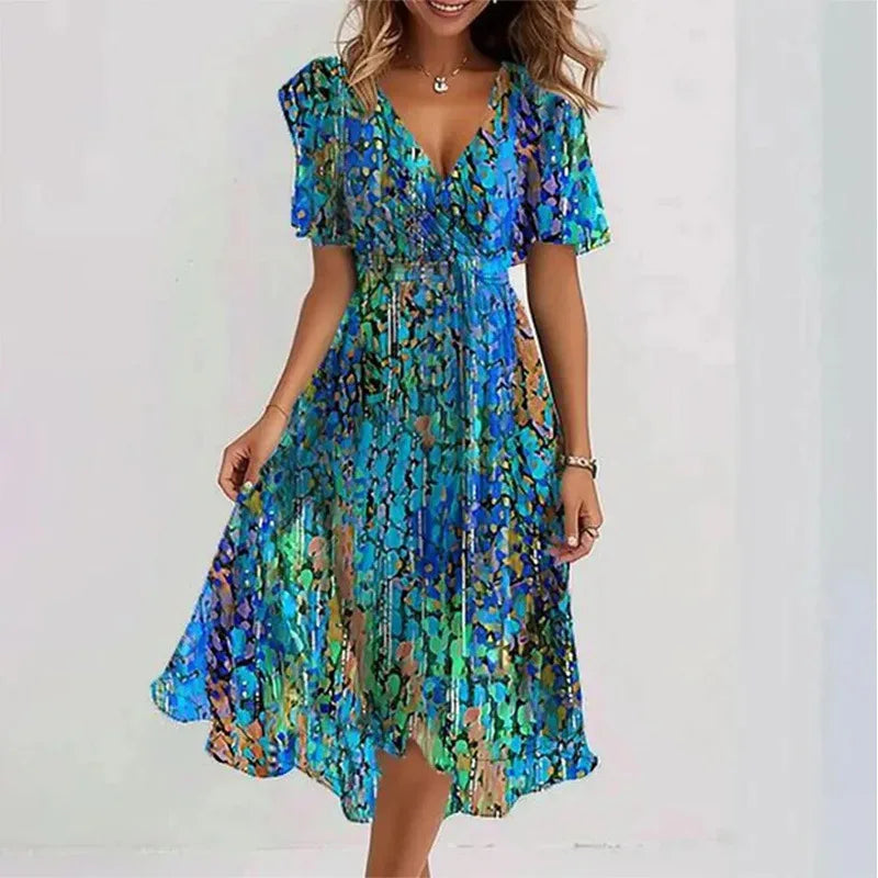 Elegant And Fashionable Printed Knee Length Dress For Women 2026 New Loose Casual V-neck Floral New Printed Dress Femme Robe