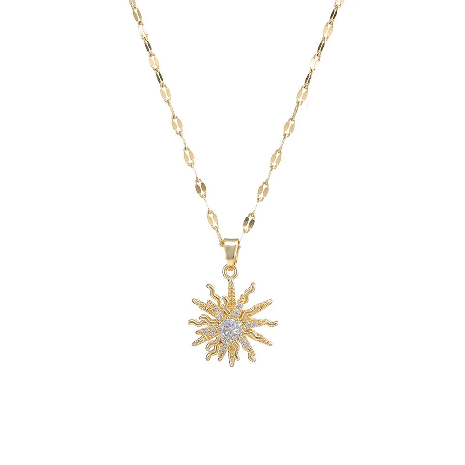 Yupsk Titanium Steel Gold Color Rotating Flower Pendant Necklace for Women Shiny Clear Zircon Sun Clavicle Chain Necklaces Gift
