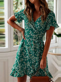 Boho Floral Print Ruffles Women Dress 2022 Summer Sexy V Neck Short Sleeve A Line Chiffon Mini Dresses Beach Vacation Sundress