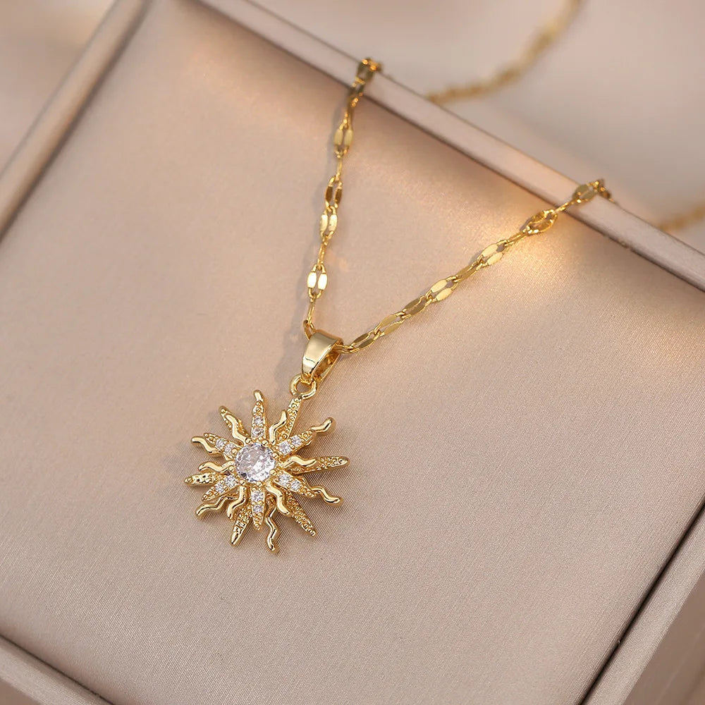 Yupsk Titanium Steel Gold Color Rotating Flower Pendant Necklace for Women Shiny Clear Zircon Sun Clavicle Chain Necklaces Gift