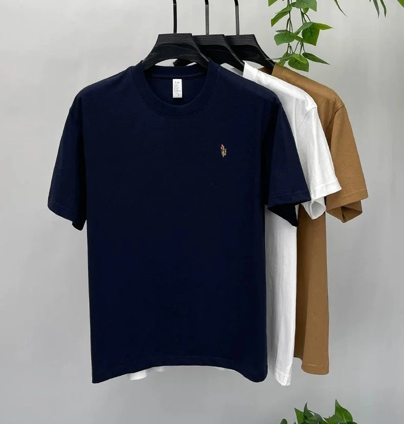 Camiseta Hombre 100% Algodón Manga Corta — Bordado Pony, Cuello Redondo, Verano