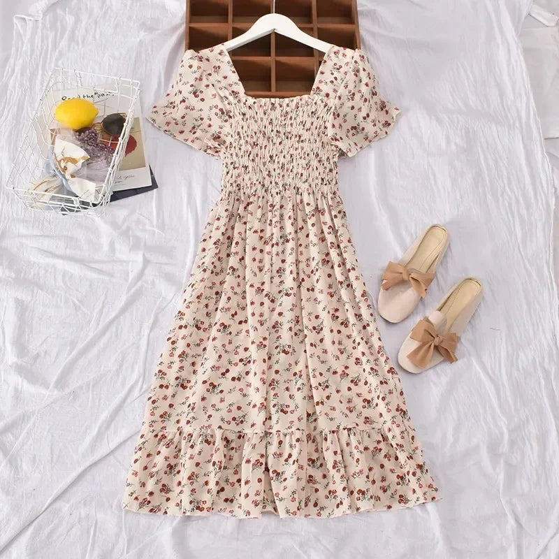 2024 Summer Vintage Korean Style Square Collar Printed Waist-fitted Slimming Ruffle Dress Women's Clothing