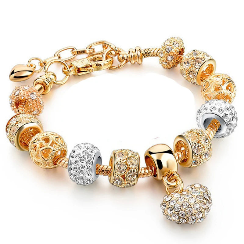 2024 New Crystal Heart Beads Charm Bracelets Gold Color Snake Chain Brand Bracelets for Women Lover Valentine's Day Jewelry Gift