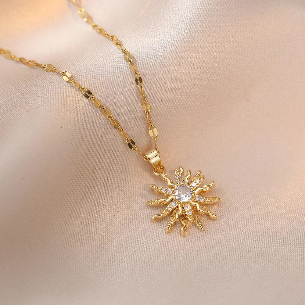 Yupsk Titanium Steel Gold Color Rotating Flower Pendant Necklace for Women Shiny Clear Zircon Sun Clavicle Chain Necklaces Gift