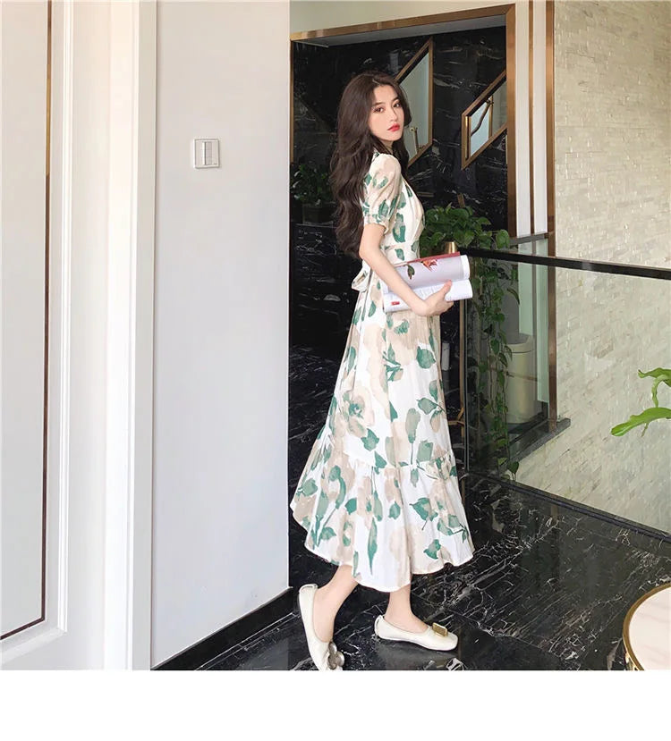 Hebe Style Long Ankle Skirt Sweet Floral Print Women's Dress High Waist Fly Sleeve High Collar Street Trend Urban Fashion