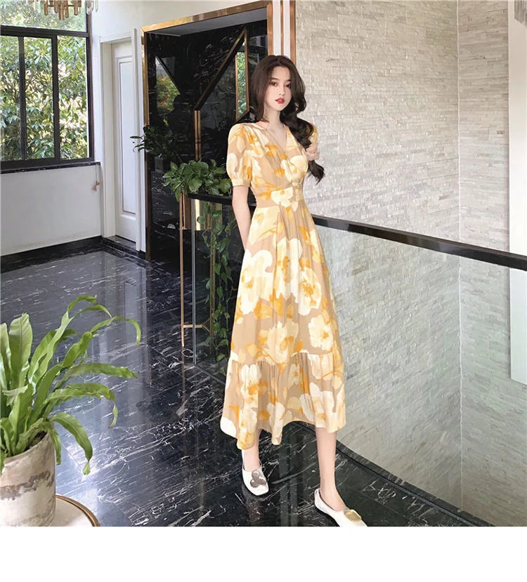 Hebe Style Long Ankle Skirt Sweet Floral Print Women's Dress High Waist Fly Sleeve High Collar Street Trend Urban Fashion
