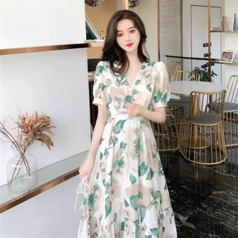 Hebe Style Long Ankle Skirt Sweet Floral Print Women's Dress High Waist Fly Sleeve High Collar Street Trend Urban Fashion
