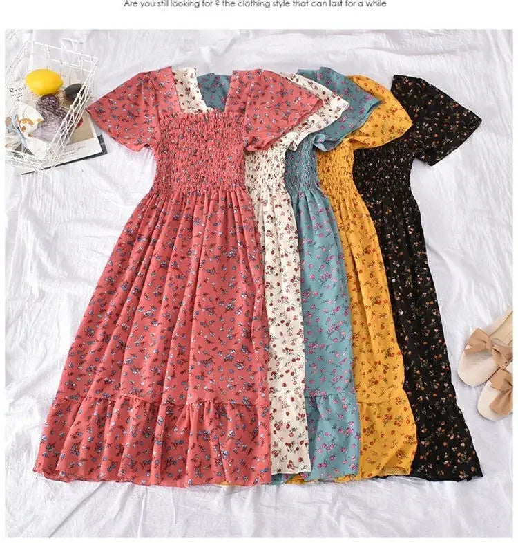2024 Summer Vintage Korean Style Square Collar Printed Waist-fitted Slimming Ruffle Dress Women's Clothing