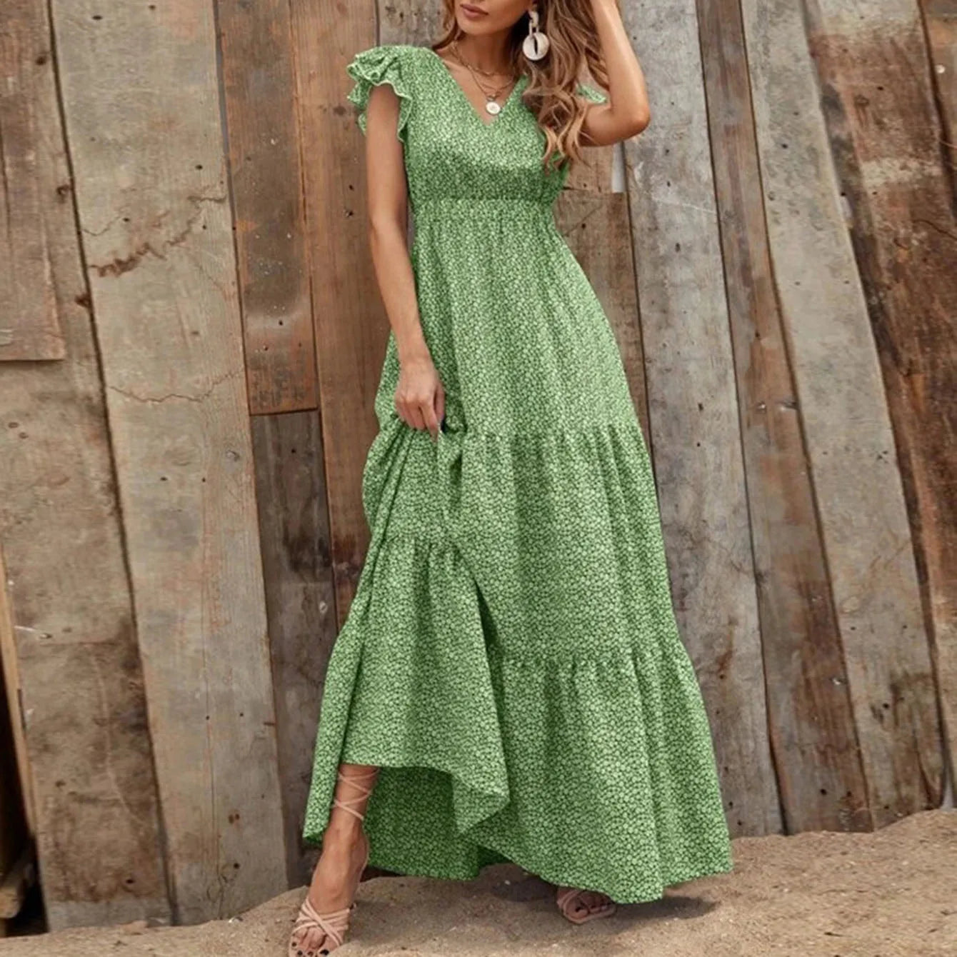 European and American women's summer V-neck high-waisted floral print resort long dress with patchwork floral design
