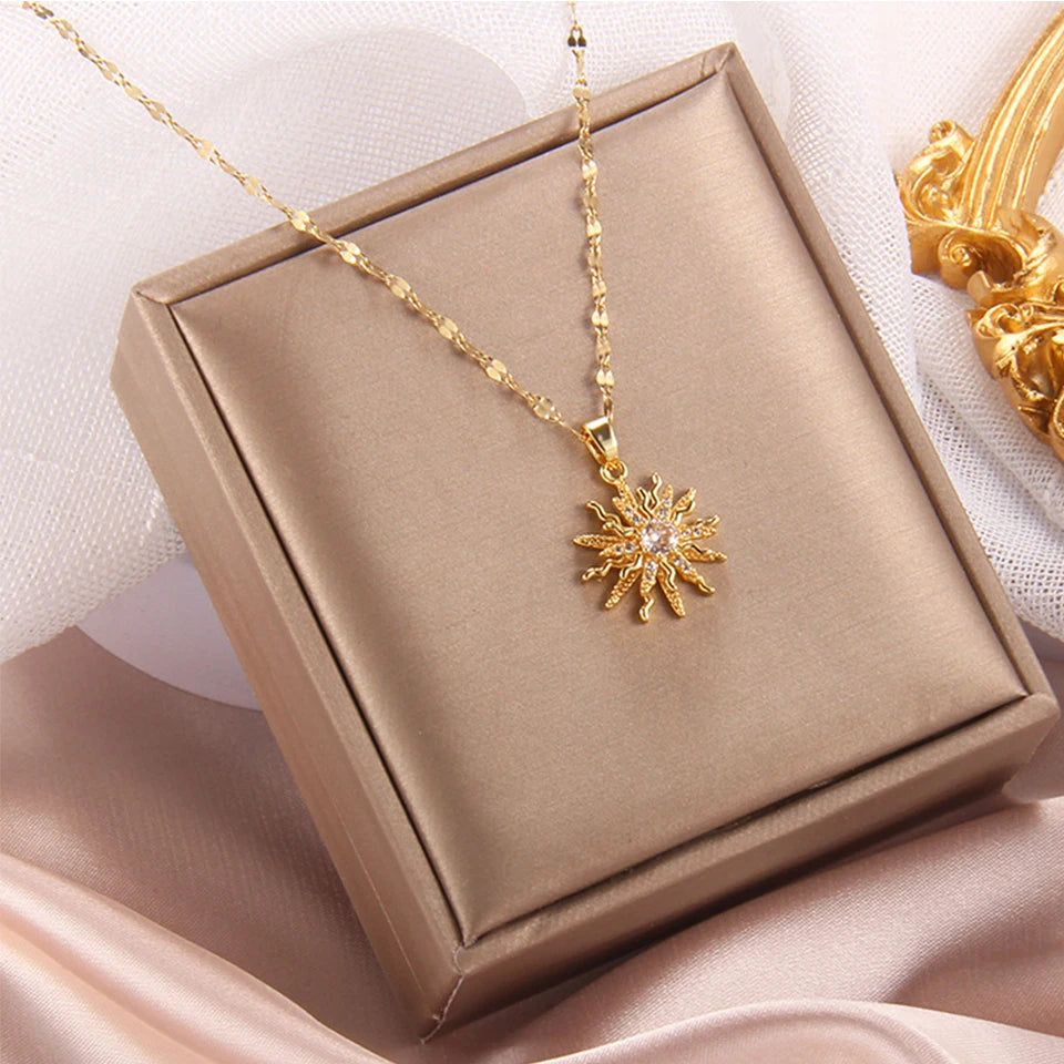 Yupsk Titanium Steel Gold Color Rotating Flower Pendant Necklace for Women Shiny Clear Zircon Sun Clavicle Chain Necklaces Gift