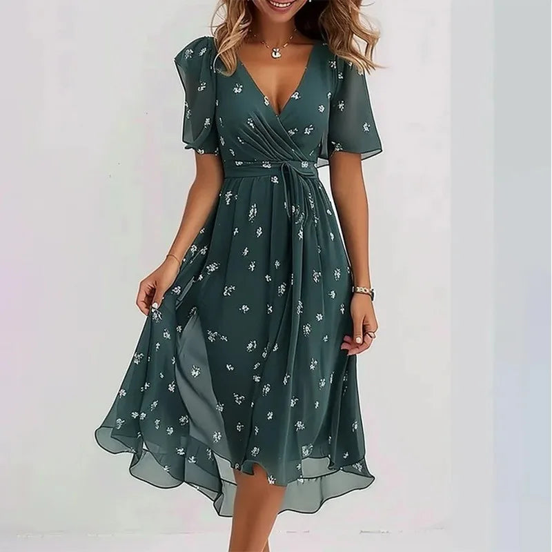 Elegant And Fashionable Printed Knee Length Dress For Women 2026 New Loose Casual V-neck Floral New Printed Dress Femme Robe