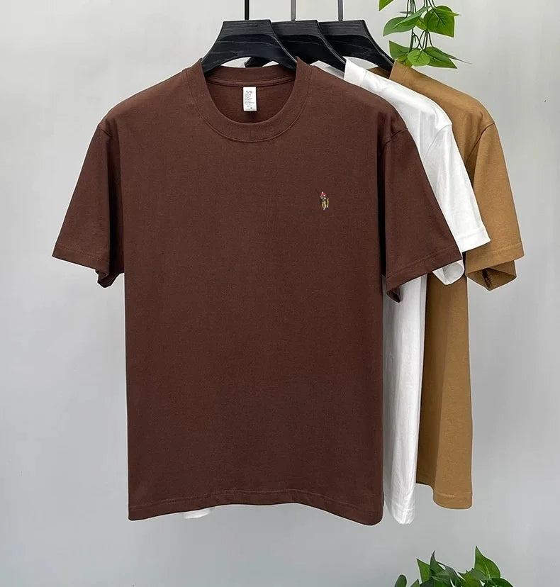 Camiseta Hombre 100% Algodón Manga Corta — Bordado Pony, Cuello Redondo, Verano