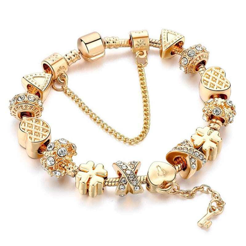 2024 New Crystal Heart Beads Charm Bracelets Gold Color Snake Chain Brand Bracelets for Women Lover Valentine's Day Jewelry Gift