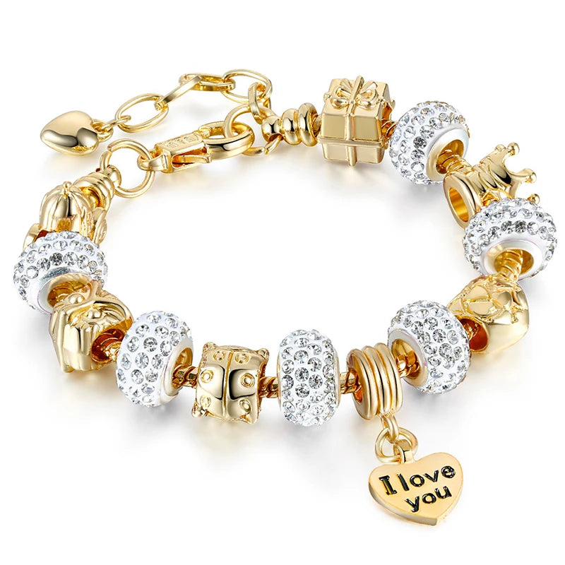 2024 New Crystal Heart Beads Charm Bracelets Gold Color Snake Chain Brand Bracelets for Women Lover Valentine's Day Jewelry Gift