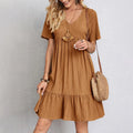 Summer Womens Short Sleeve Mini Dress Ladies Pleated Ruffle Solid Dresses Casual V Neck Vintage Loose Vestidos