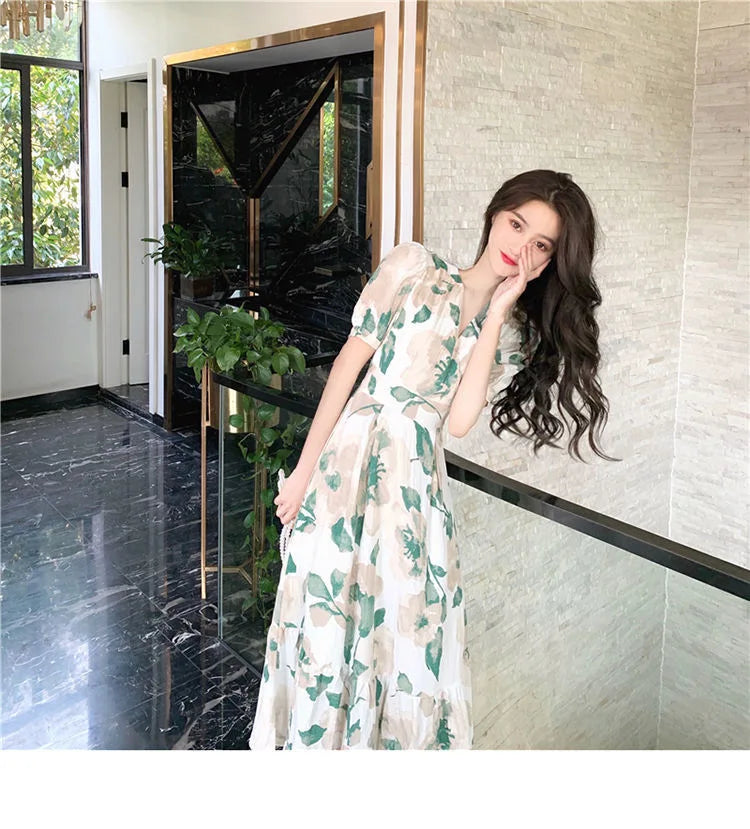 Hebe Style Long Ankle Skirt Sweet Floral Print Women's Dress High Waist Fly Sleeve High Collar Street Trend Urban Fashion