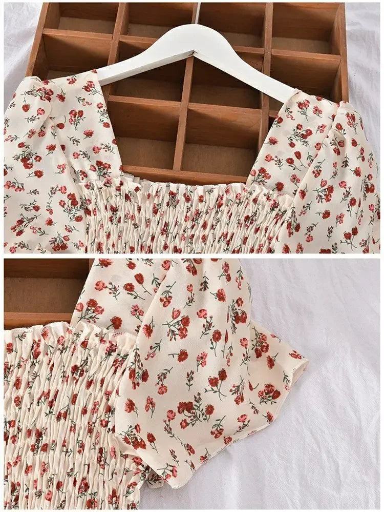 2024 Summer Vintage Korean Style Square Collar Printed Waist-fitted Slimming Ruffle Dress Women's Clothing