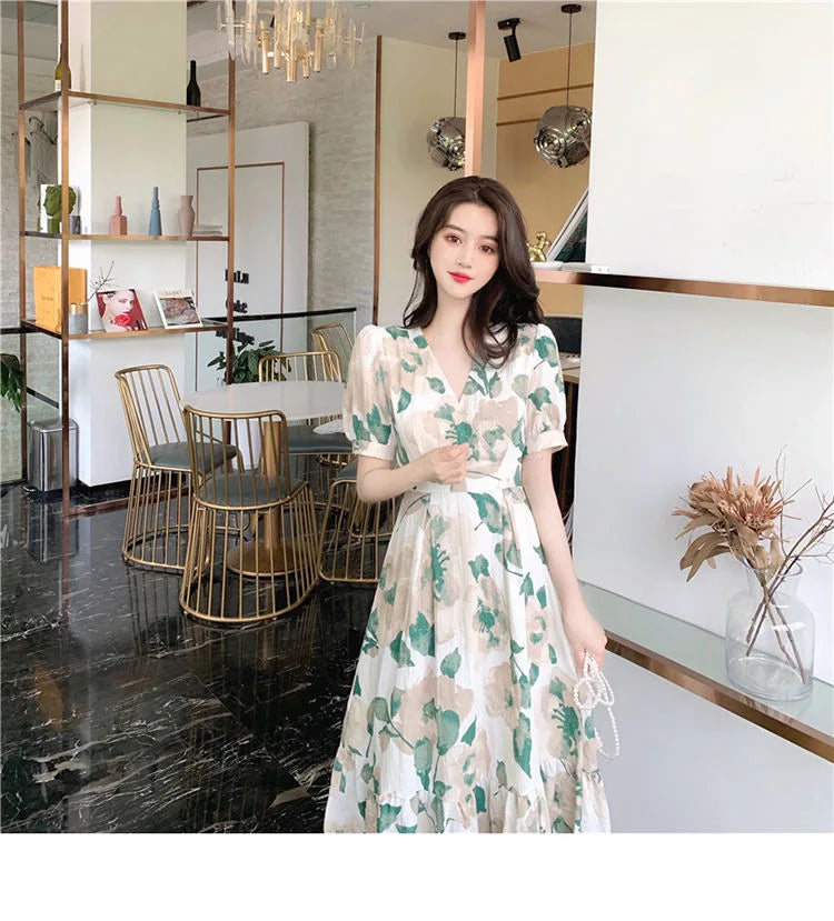 Hebe Style Long Ankle Skirt Sweet Floral Print Women's Dress High Waist Fly Sleeve High Collar Street Trend Urban Fashion
