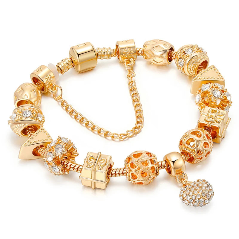 2024 New Crystal Heart Beads Charm Bracelets Gold Color Snake Chain Brand Bracelets for Women Lover Valentine's Day Jewelry Gift