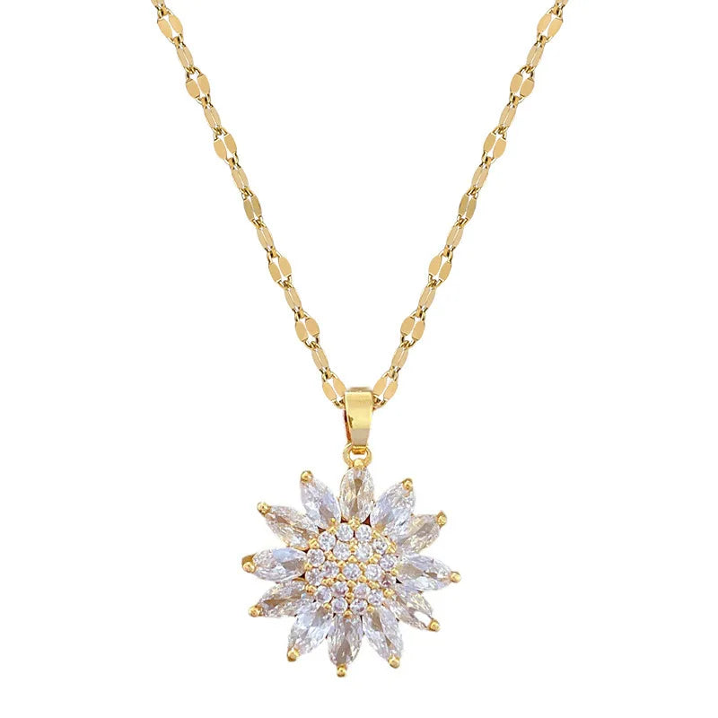 Luxury Zircon Sunflower Pendant Necklace for Women Gold Color Metal Full Zircon Sunflower Necklace Couple Wedding Jewelry