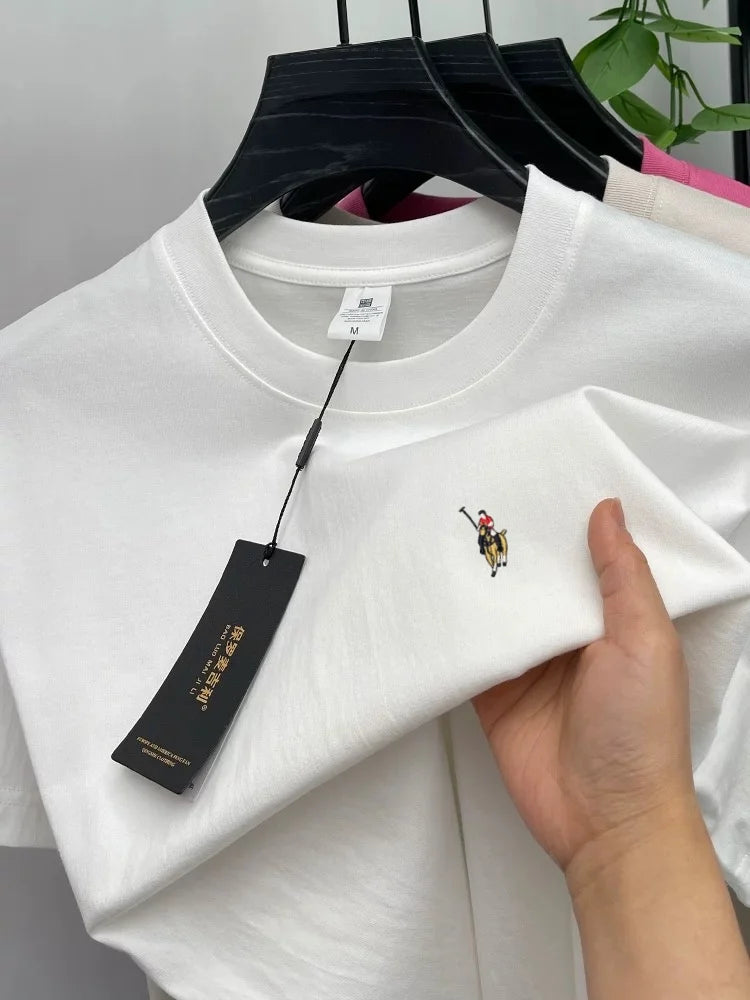 Camiseta Hombre 100% Algodón Manga Corta — Bordado Pony, Cuello Redondo, Verano
