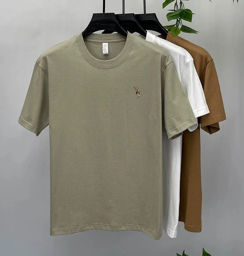 Camiseta Hombre 100% Algodón Manga Corta — Bordado Pony, Cuello Redondo, Verano