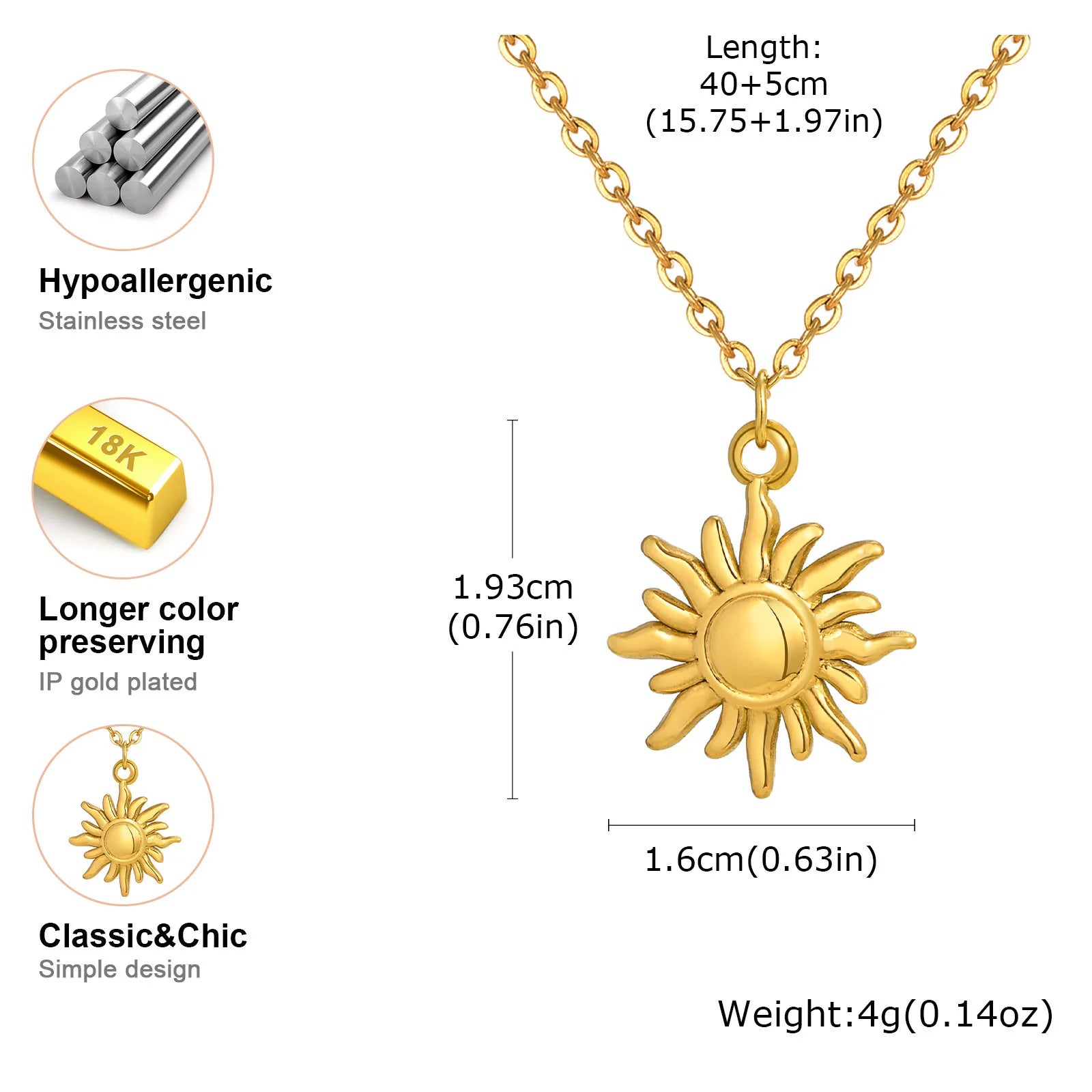 Vnox Gold Plated Shining Sunflower Necklace For Women,Stainless Steel  Aesthetic Jewelry,Fashion Sun Pendent Necklace Girls Gift