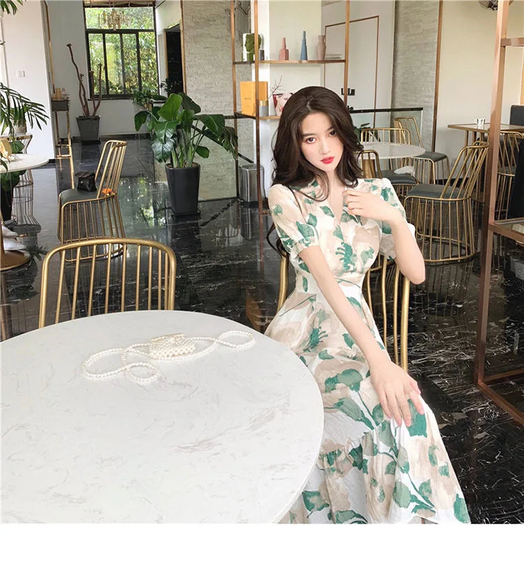 Hebe Style Long Ankle Skirt Sweet Floral Print Women's Dress High Waist Fly Sleeve High Collar Street Trend Urban Fashion