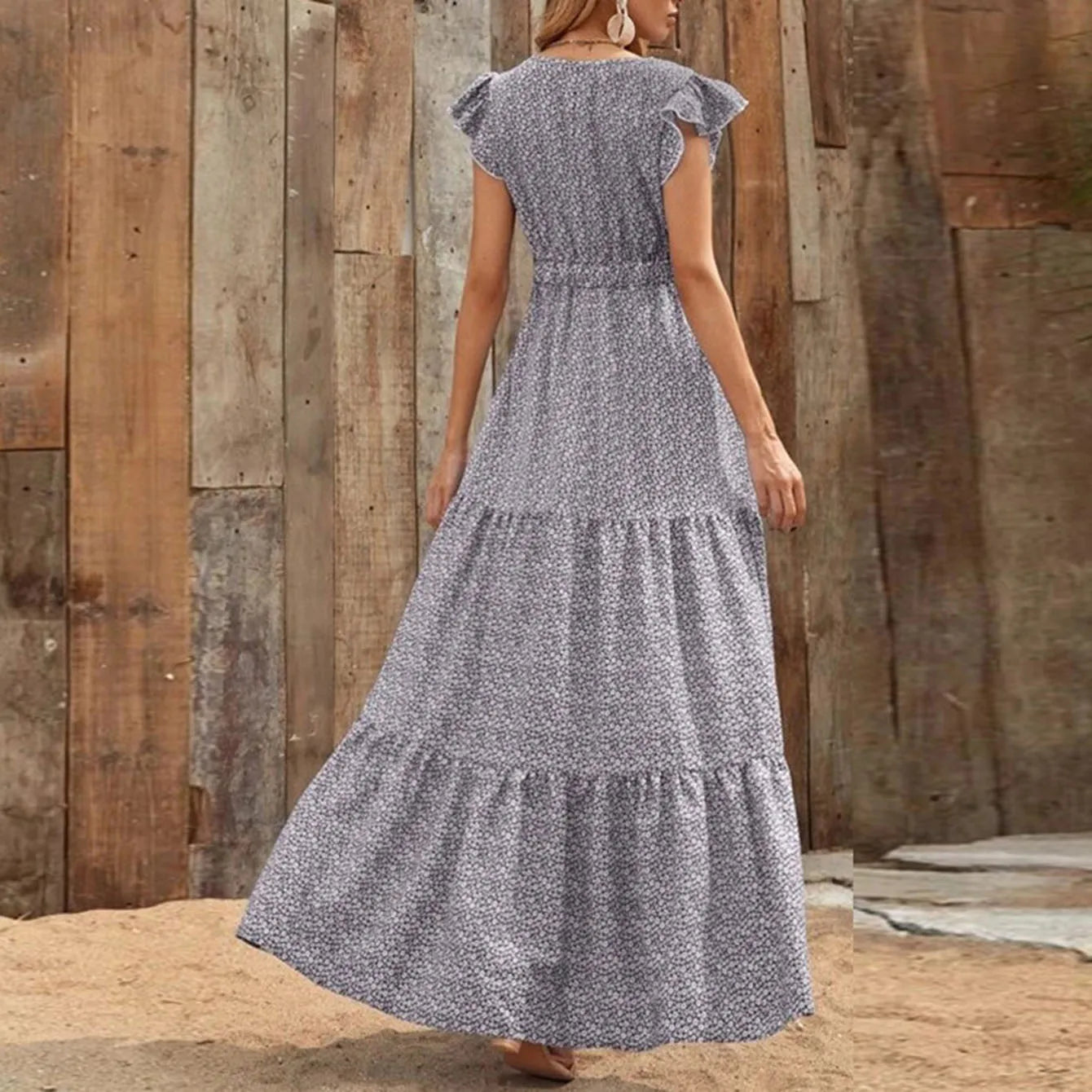 European and American women's summer V-neck high-waisted floral print resort long dress with patchwork floral design
