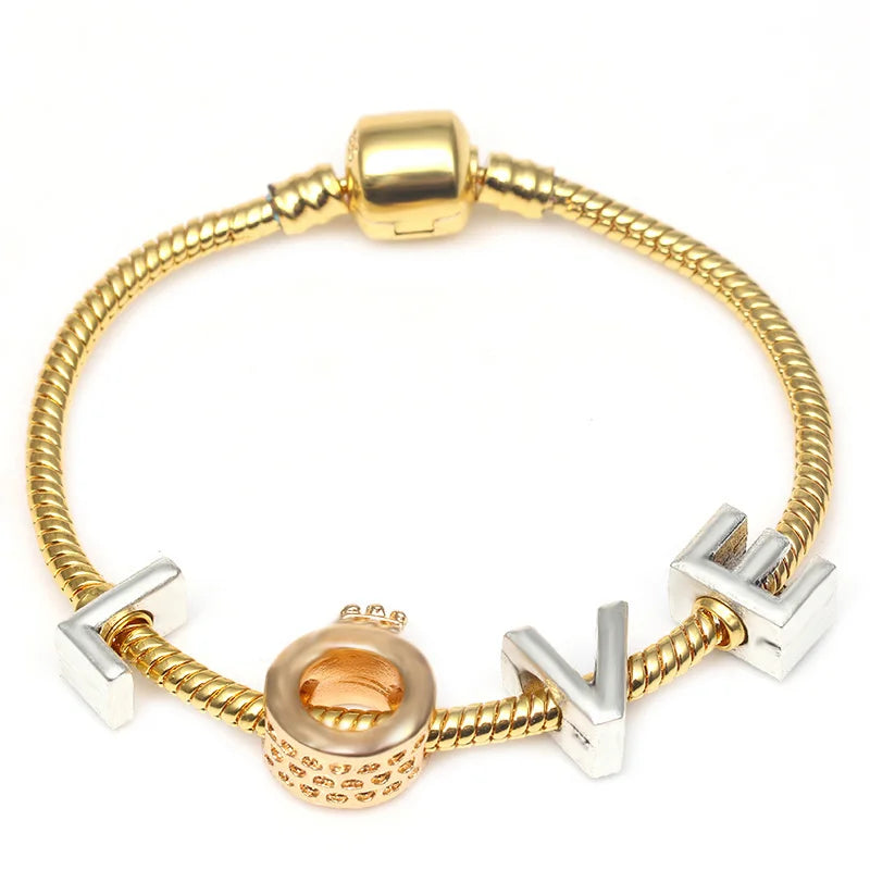 2024 New Crystal Heart Beads Charm Bracelets Gold Color Snake Chain Brand Bracelets for Women Lover Valentine's Day Jewelry Gift