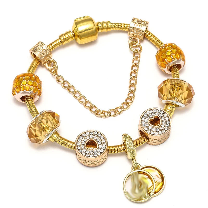2024 New Crystal Heart Beads Charm Bracelets Gold Color Snake Chain Brand Bracelets for Women Lover Valentine's Day Jewelry Gift