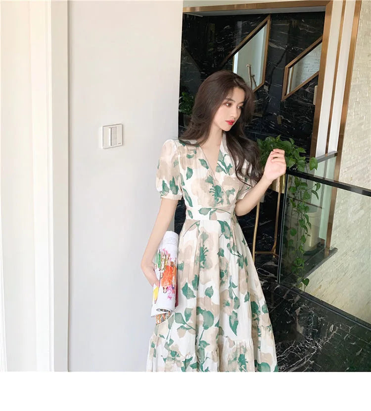 Hebe Style Long Ankle Skirt Sweet Floral Print Women's Dress High Waist Fly Sleeve High Collar Street Trend Urban Fashion