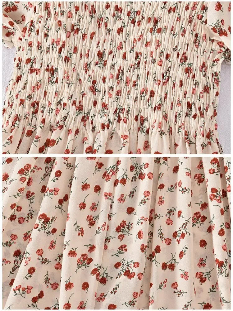 2024 Summer Vintage Korean Style Square Collar Printed Waist-fitted Slimming Ruffle Dress Women's Clothing