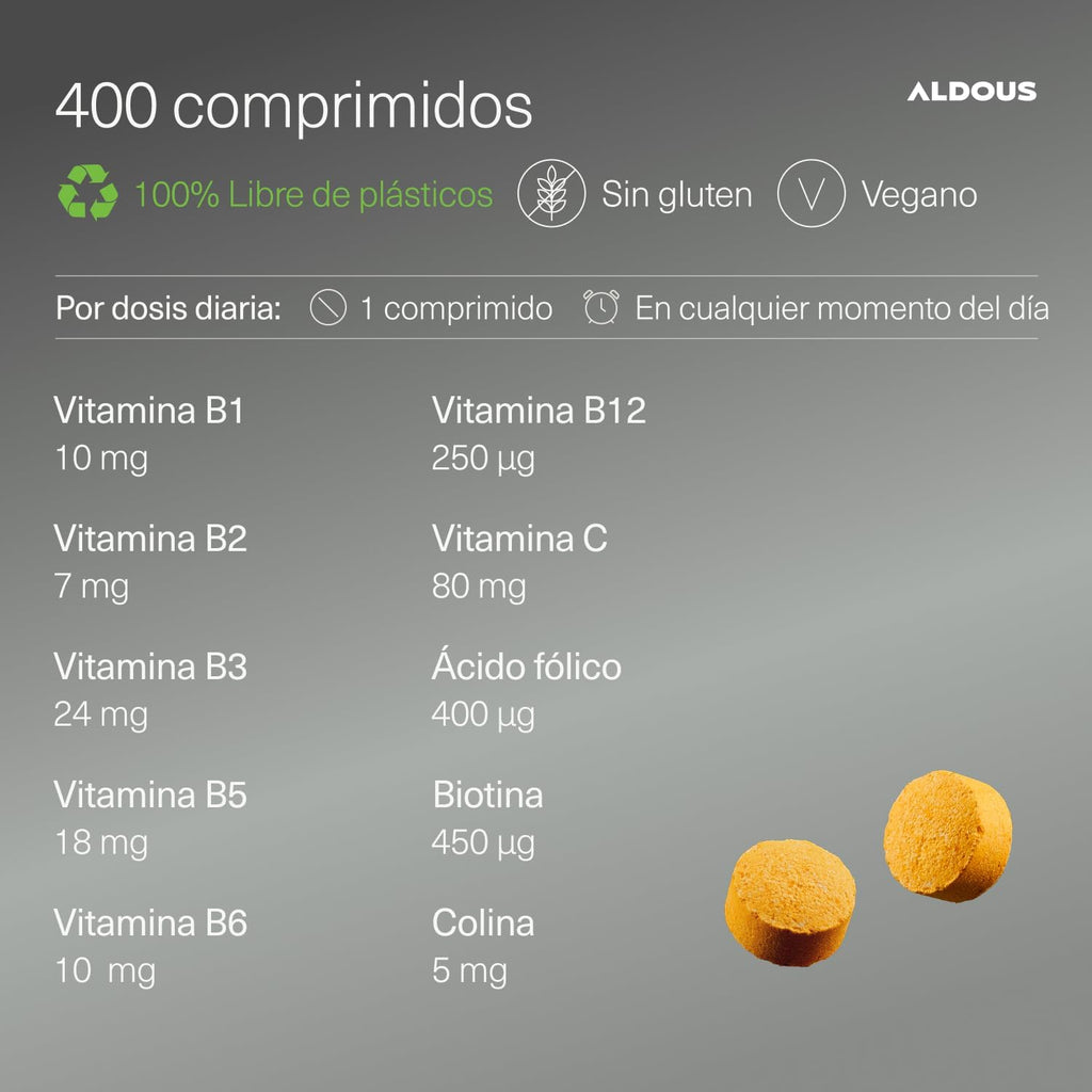 Vitamina B Complex + C ALDOUS | 400 Comprimidos | B12, Biotina, Vegano