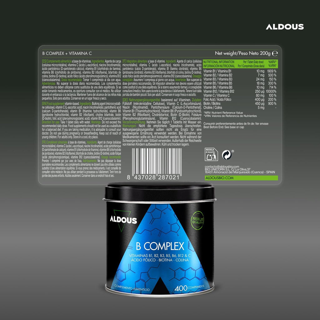 Vitamina B Complex + C ALDOUS | 400 Comprimidos | B12, Biotina, Vegano