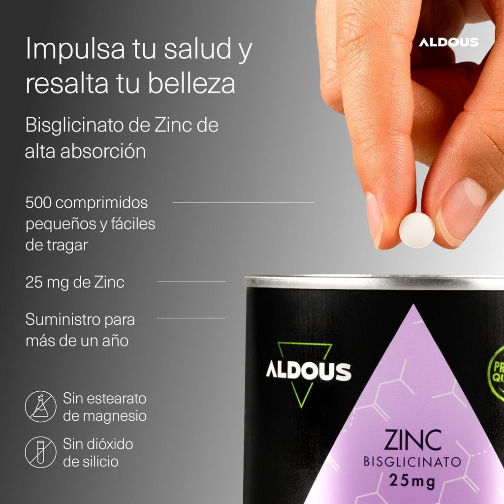 Zinc 25mg Bisglicinato | Pelo, Piel e Inmunidad | 500 Comprimidos – Aldous