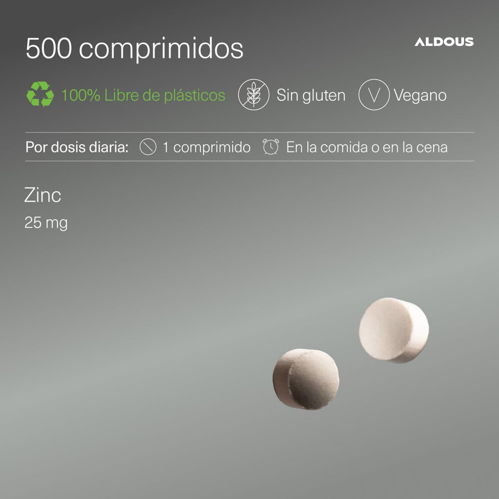 Zinc 25mg Bisglicinato | Pelo, Piel e Inmunidad | 500 Comprimidos – Aldous