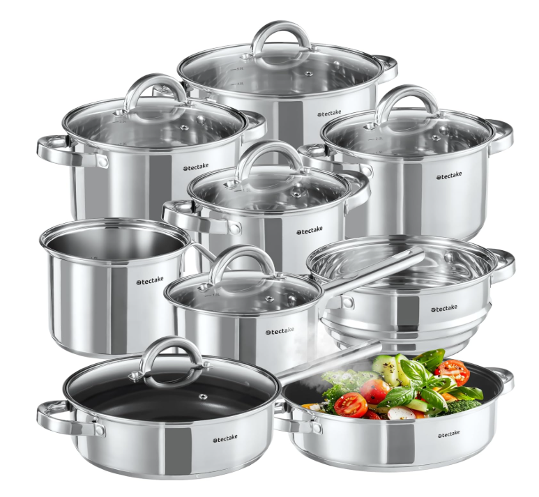 Bateria de Cocina 15 Piezas Acero Inoxidable Antiadherente - tectake