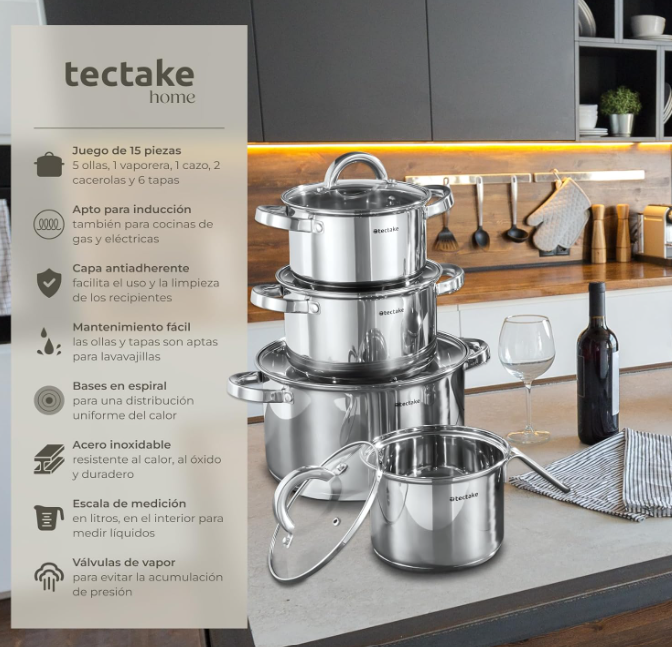Bateria de Cocina 15 Piezas Acero Inoxidable Antiadherente - tectake