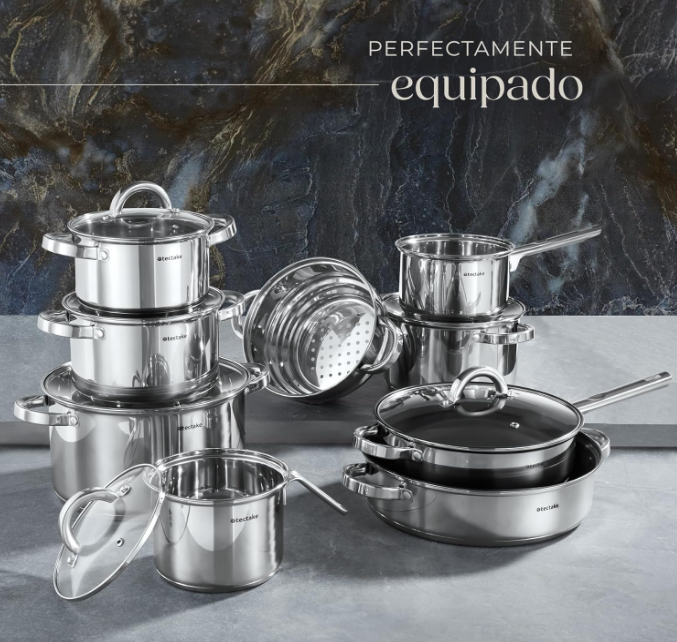 Bateria de Cocina 15 Piezas Acero Inoxidable Antiadherente - tectake